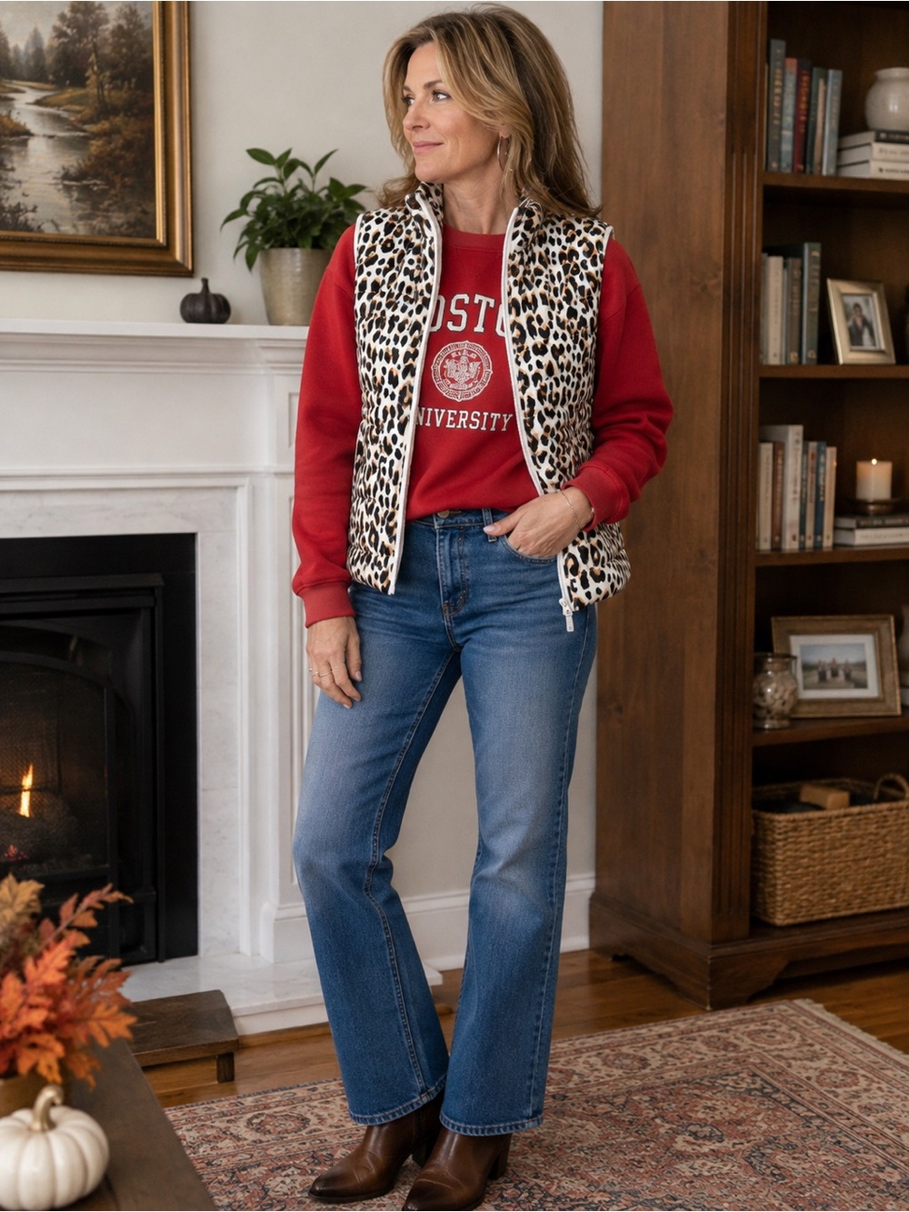 Kim Rogers Leopard-Print Quilted Vest in Cream,‎ Tan & Black